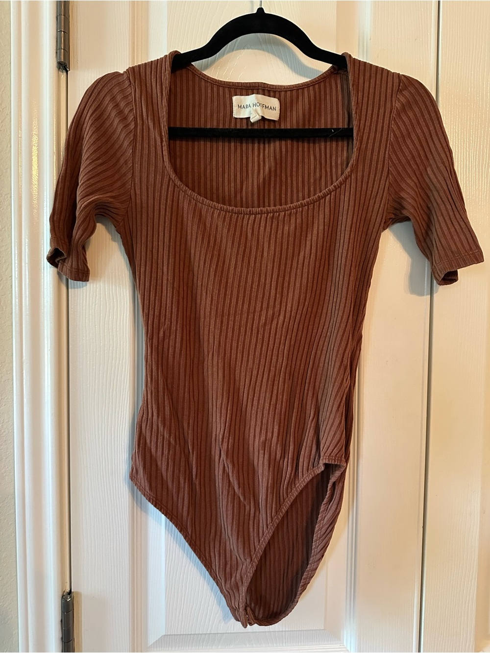Mara Hoffman Ribbed Scoop-Neck Short Sleeve Bodysuit - Rust Brown